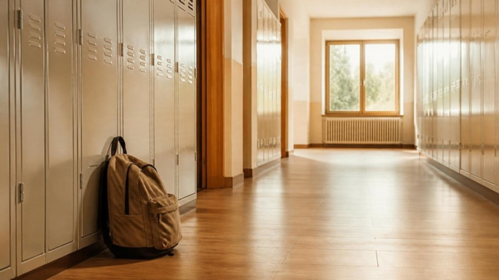 Pasillo vacío de un instituto con una mochila escolar apoyada sola contra las taquillas, imagen simbólica del acoso escolar en la adolescencia