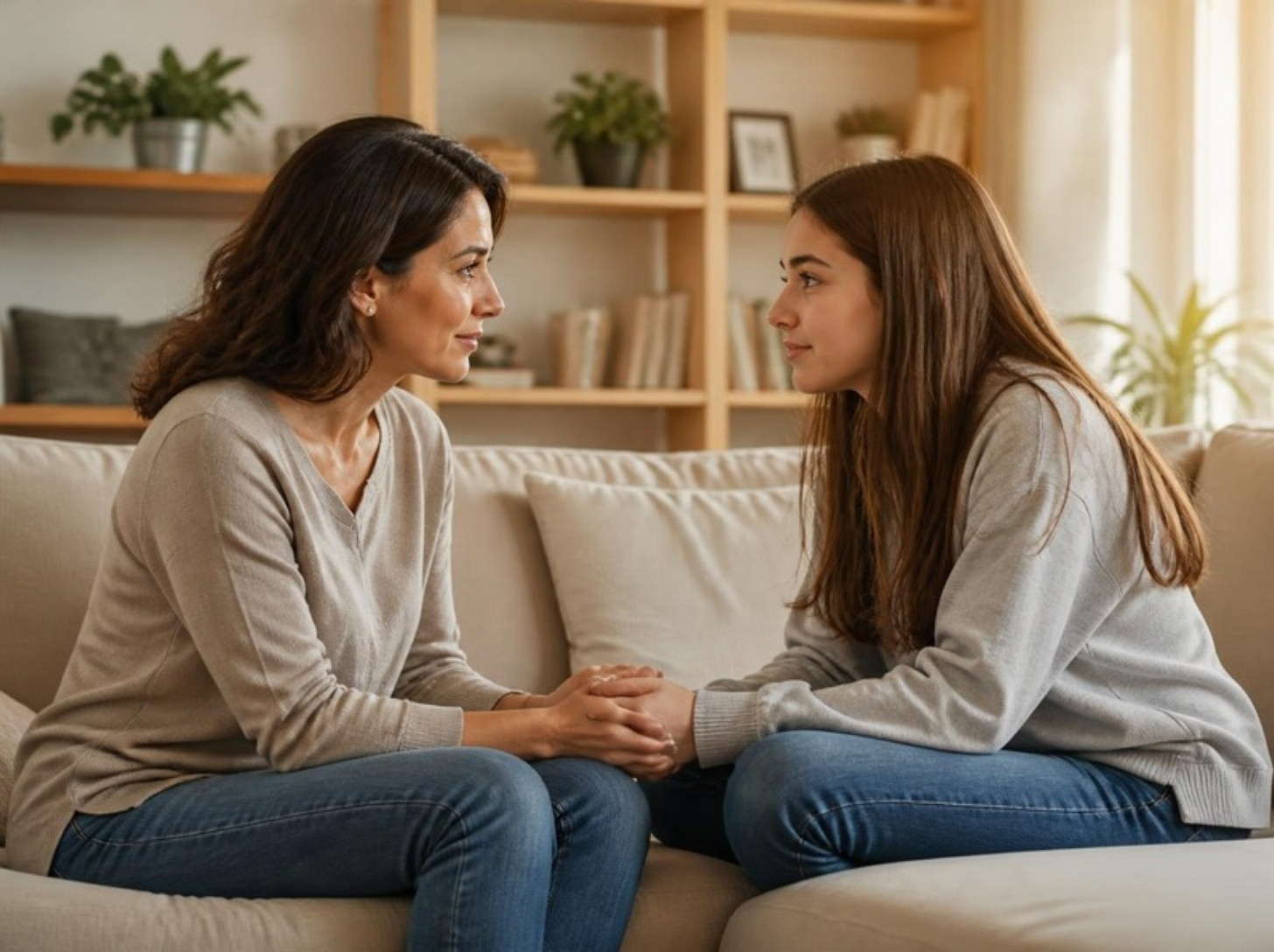 Madre conversando con calma y cercanía con su hija adolescente en el sofá de casa, mostrando apoyo ante una posible situación de acoso escolar
