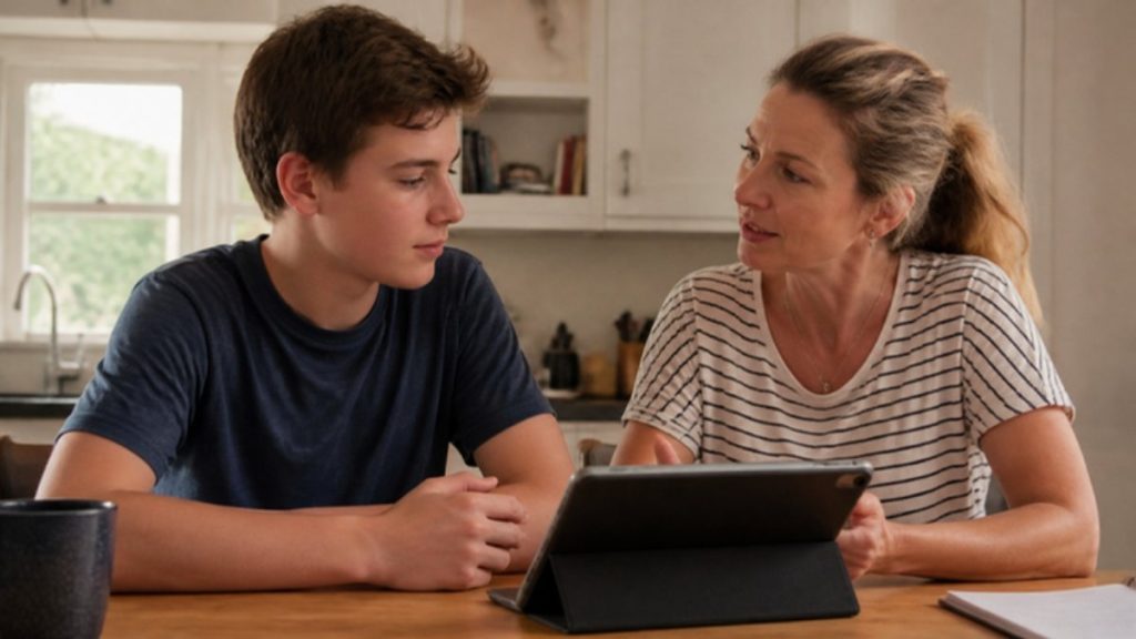 Madre y su hijo adolescente hablando sobre el uso de la tecnología y la inteligencia artificial