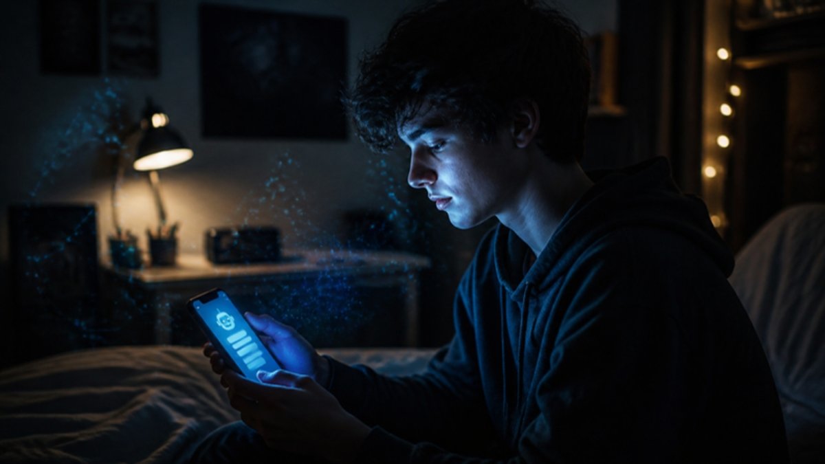 Adolescente usando un chatbot de inteligencia artificial en el móvil por la noche